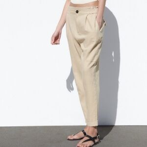 Zara Linen Pants Baggy Cargo Joggers Tan Cream Size 0 High Rise Waist NWOT